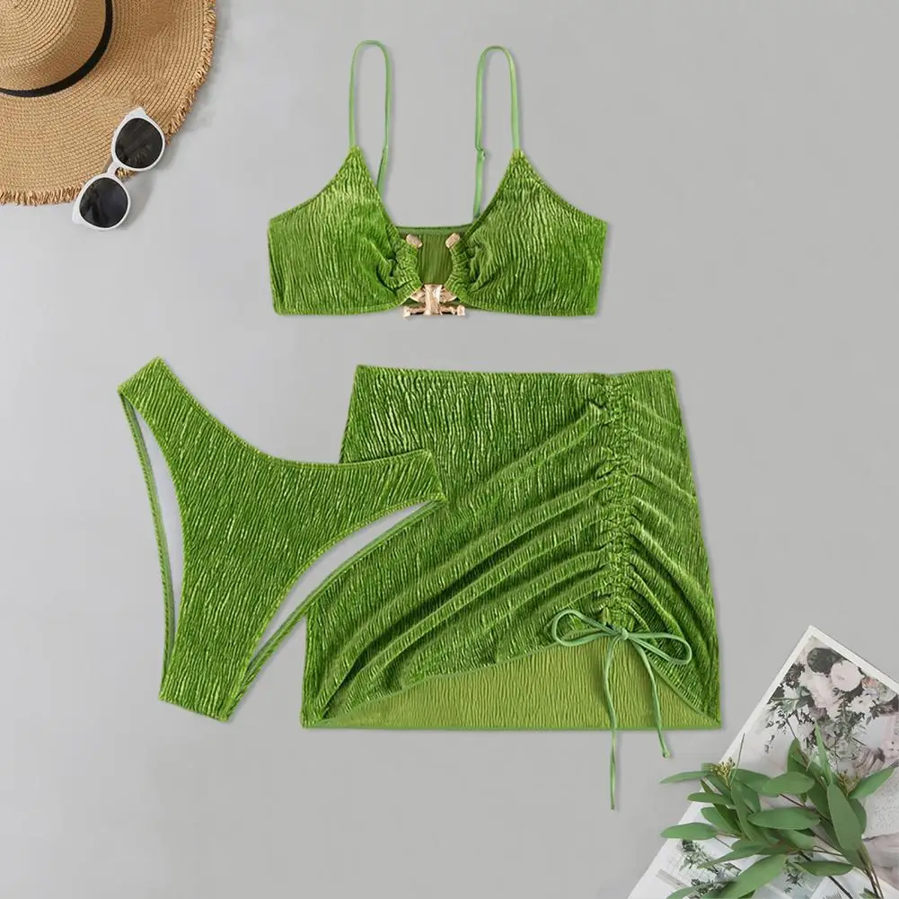 Three Pieces 3 Pcs/Set Sexy Surfing Women Bikini Skirt Set Low-cut Beach Bikini Skirt Set Drawstring   Lady Garment