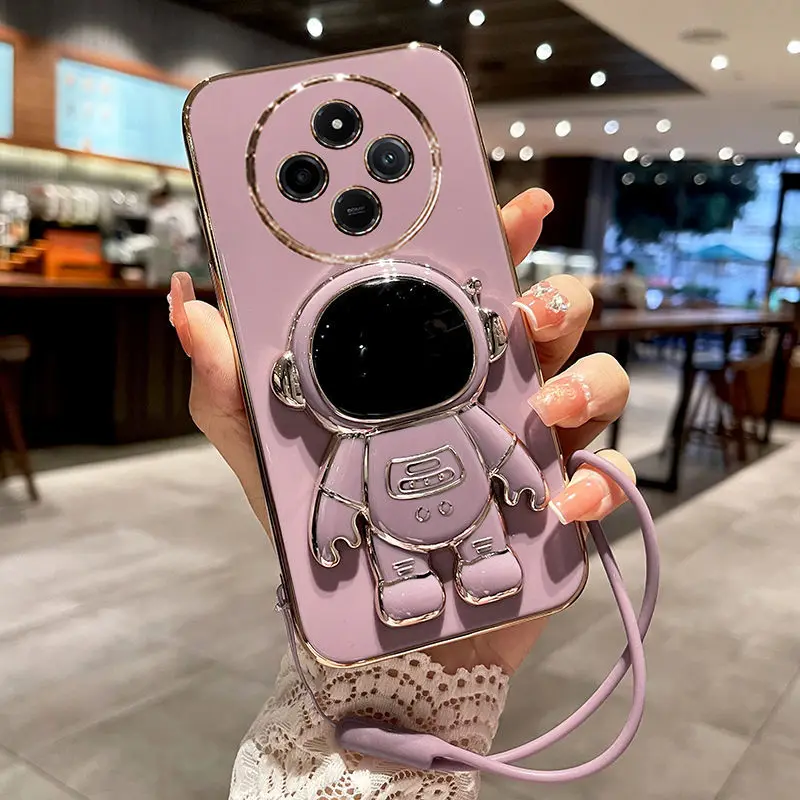 Case For POCO C75 Redmi 14 C A4 Cover Fashion Electroplating TPU Soft Case For POCO C 75 Astronaut Lanyard Shockproof Bumper