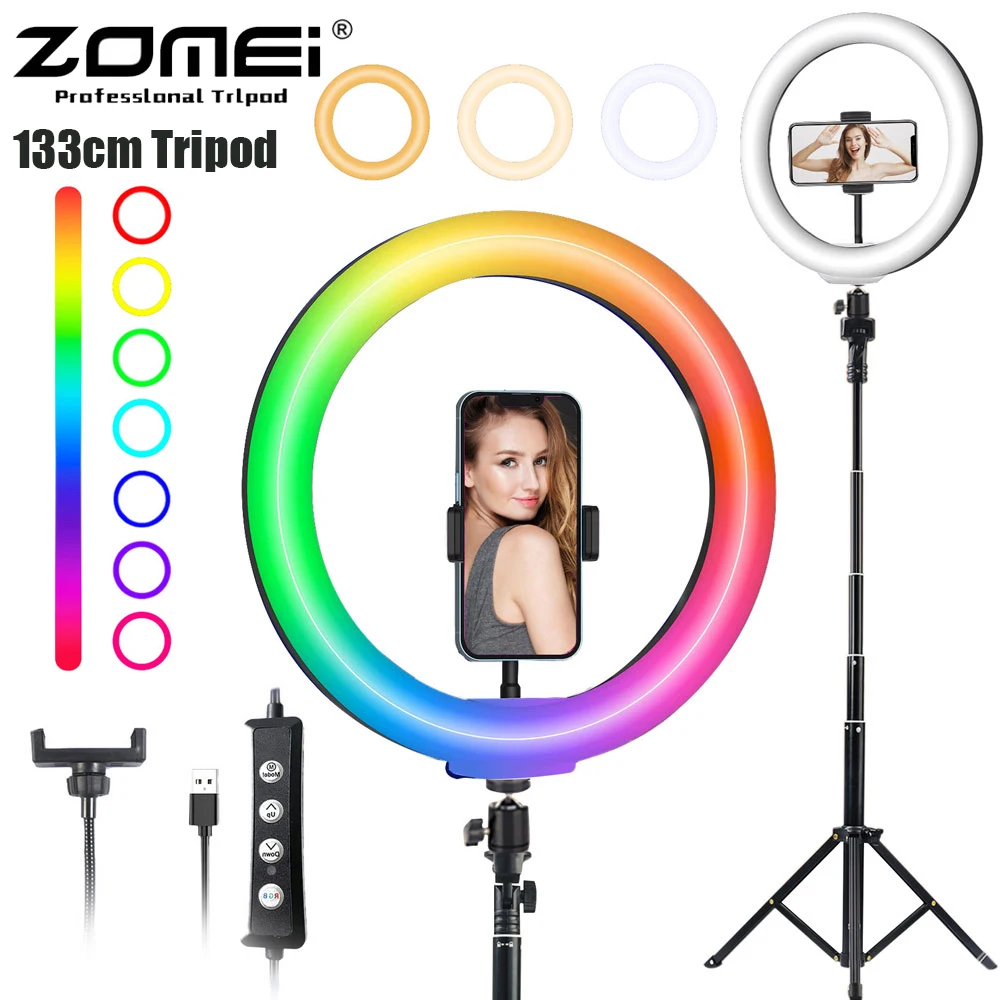 

ZOMEI Portable Extend Selfie Stick Tripod 133cm with LED Ring Fill Light RGB Panel fill Lamp For Cellphone Xiaomi Stand holder