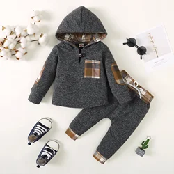 Winter Toddler  Boy    hoodie Clothes  Baby  Outfits, Little Boys Plaid  Spliced  Long-sleeved  With  Pants  2PCS  Clothing  Set