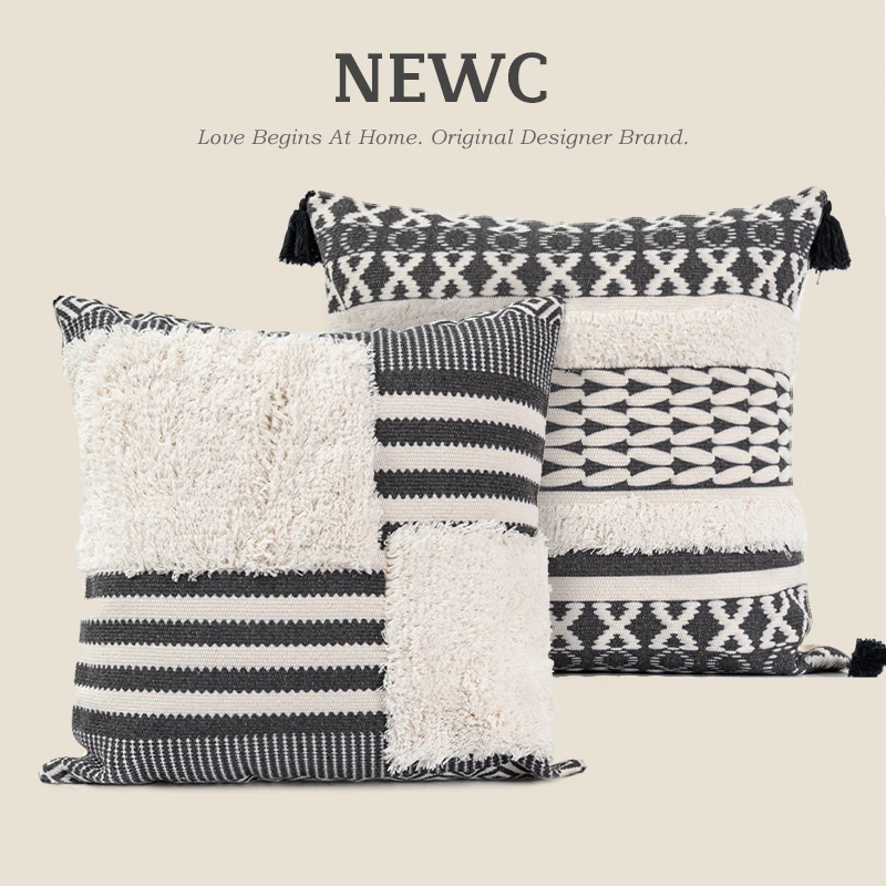 

Bohemian geometric tufted fringe throw pillow ins living room sofa black and white vintage cushion cover