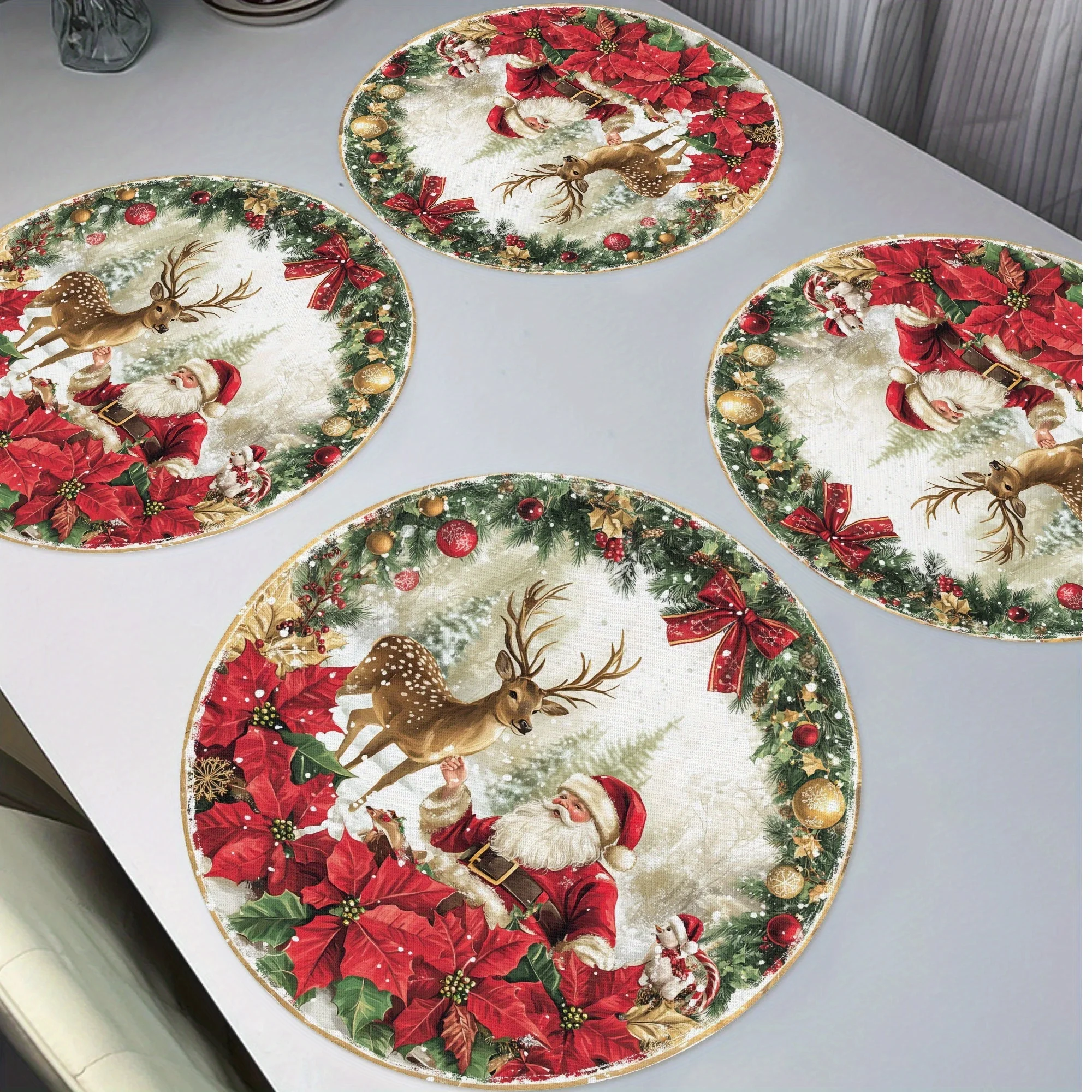 VIKAMA4PC Santa's Reindeer Placemats Holiday Gathering Family Table Decor Accessories Christmas Party Decorations