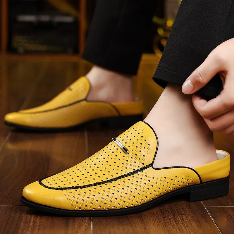 New Fashion Hallow Casual Leather Half Slippers for Men Summer Autumn Designer Mules Male Big Size Solid Color Dress Shoes Man