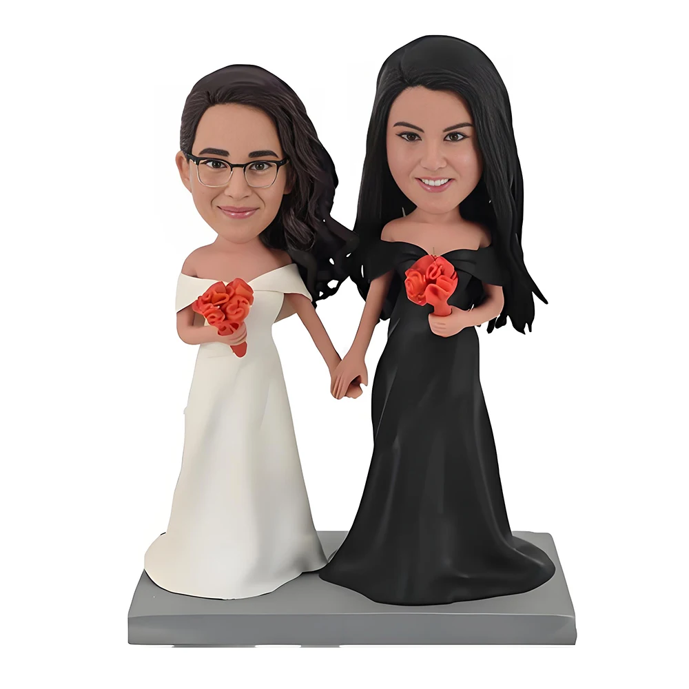 Women in Wedding Gowns Custom Bobblehead Figurines,Lesbian Personalized Statue,Handmade Les Sculpture Birthday Cake Topper