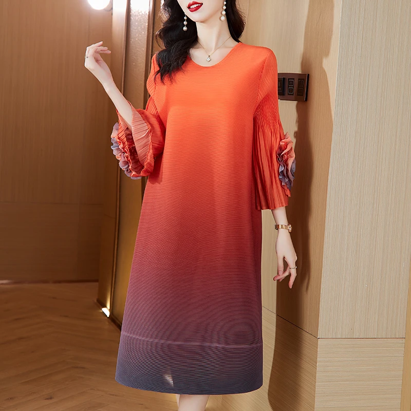 2024 Summer V-neck Dress for Women's Silk Short Sleeves Printed Beaded Mesh Spliced Drop pleated Mid length Knee Length Dress