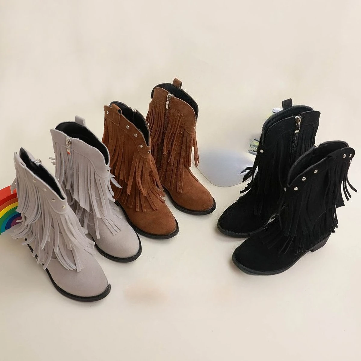 

Fringe Mid-calf Boots for Girls 2025 New Autumn Winter Kids Ankle Boots Non-slip Simple Retro Girls Christmas Party Boots Age5-8