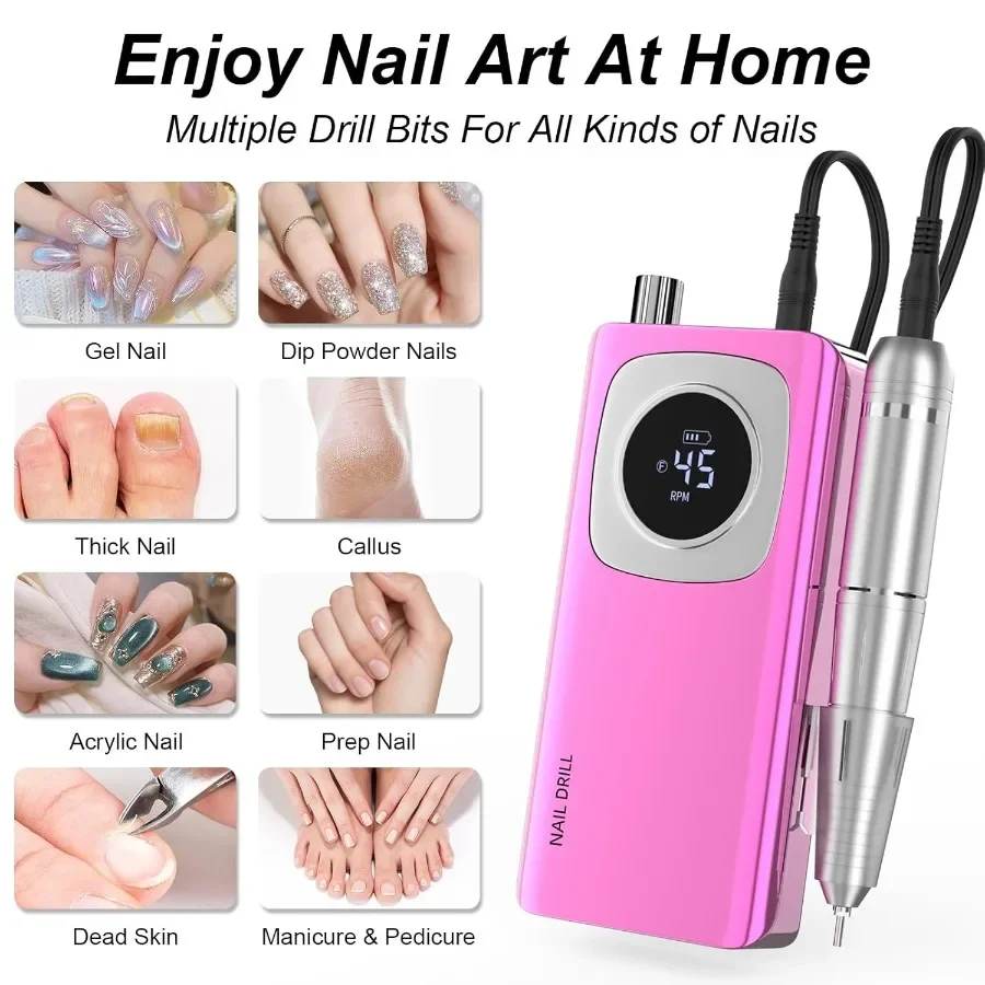 Perceuse à ongles électrique rechargeable avec embouts interchangeables pour un soin professionnel des ongles en acrylique et en gel, idéale pour la maison et le salon
