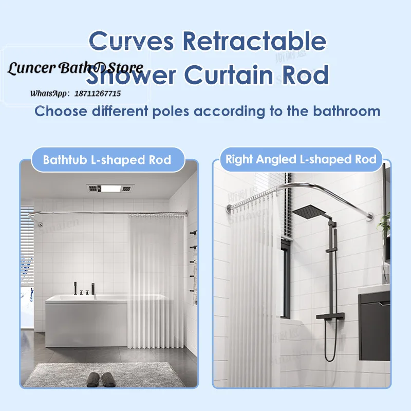 Wall Mounted Curved Shower Curtain Rod Set, L Shaped Adjustable Tension Rod for Bathroom Corner, Wet Dry Separation Waterproof