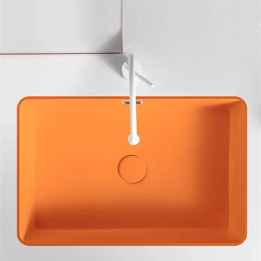 Lavabo de fondo cuadrado de fondo plano naranja, fregadero empotrado, lavabo individual de cerámica de colores moderno y sencillo, lavabo para balcón