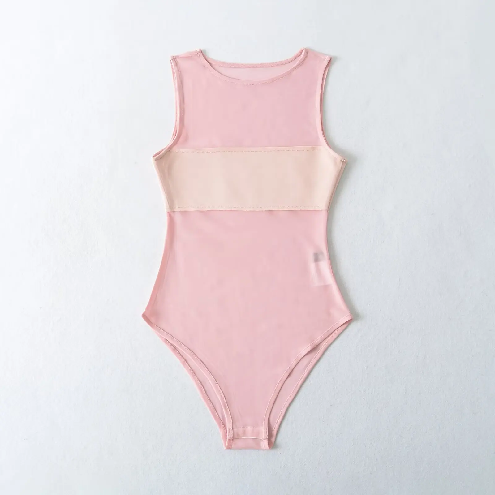 Sexy O neck Spliced Chest Transparent Mesh Sleeveless Bodysuit Woman Perspective Jumpsuit Slim fit Sheer Rompers Playsuits