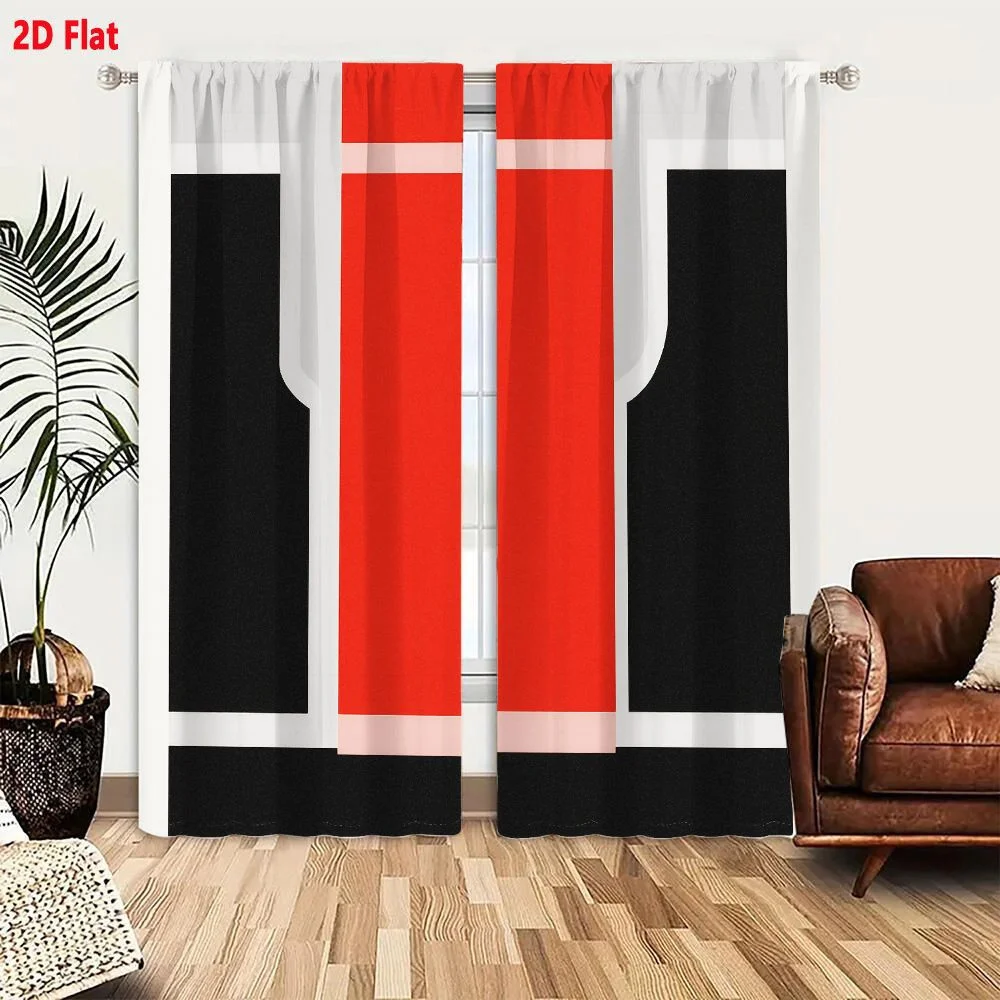 2Pcs Curtains 2D Flat Abstract Geometric Composition With Bold Colors And Clean Lines, Red Vertical Rectangle Center Flanked By