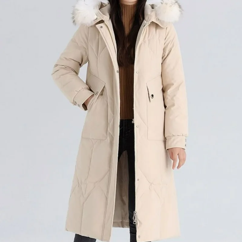 2023 New Women Down Jacket Winter Coat Female Mid Length Version Parkas Thick Warm Outwear Hooded Artificial Fur Collar Overcoat