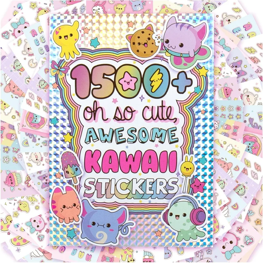 Mais de 1500 adesivos fofos kawaii, livro de 43 páginas para scrapbooks, planejadores, letras, planejador feliz, laptop, garrafa de água, decoração, ideal para