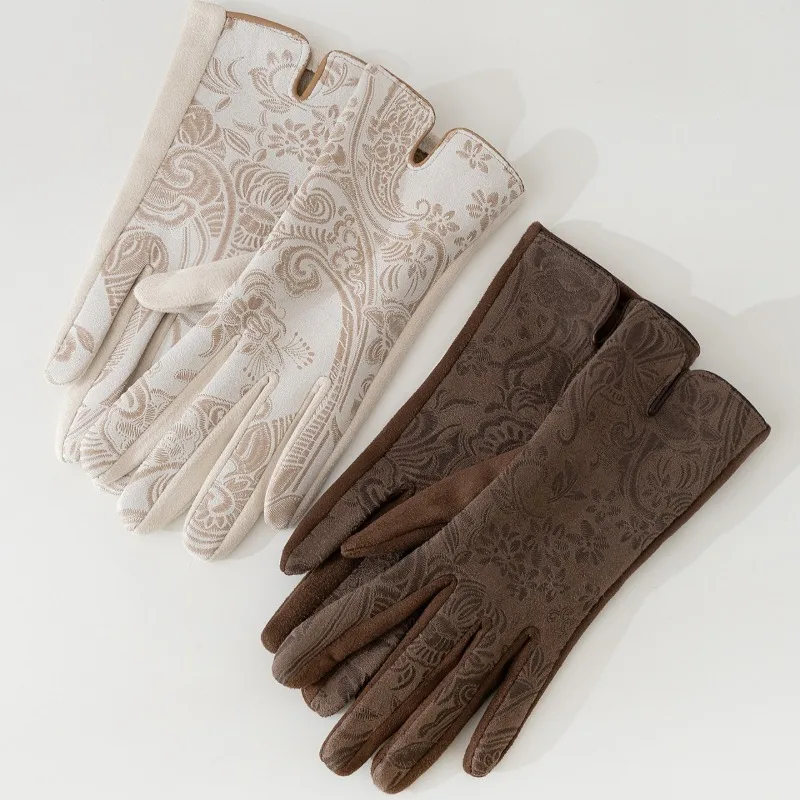Winter Fashion Printed Suede Touch Screen Warm Windproof Gloves for Women Outdoor Cold Weather Thermal Protective gloves