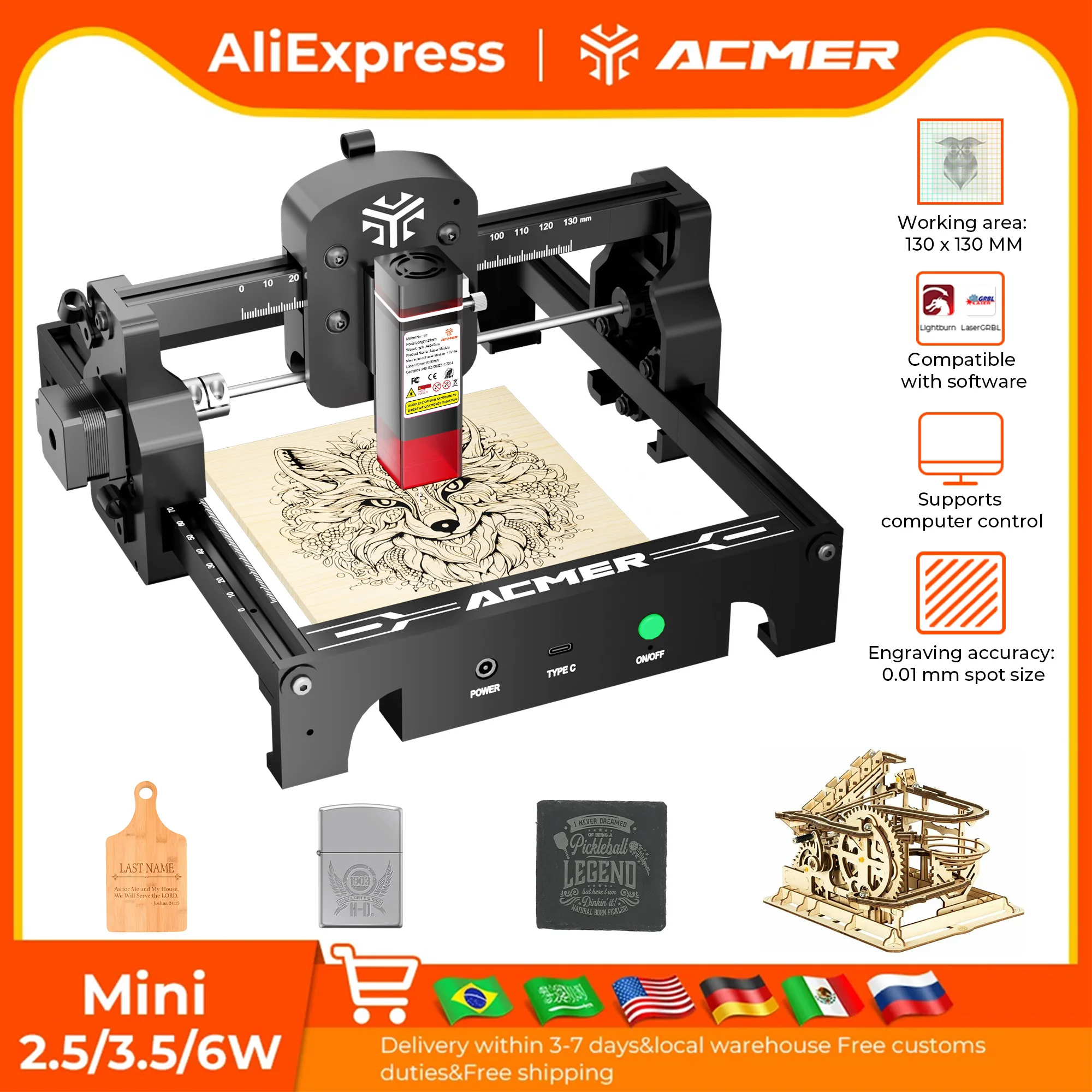 

ACMER Mini 2.5/3.5/6W Laser Engraving and Cutting Machine High Precision Portable CNC Woodworking Tools For Plywood Acrylic