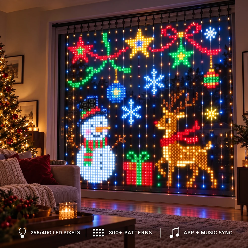 Smart Curtain Lights Animated Fairy Lights Color Changing DIY String Lights Music Sync for Xmas Indoor Outdoor Backdrop Decor