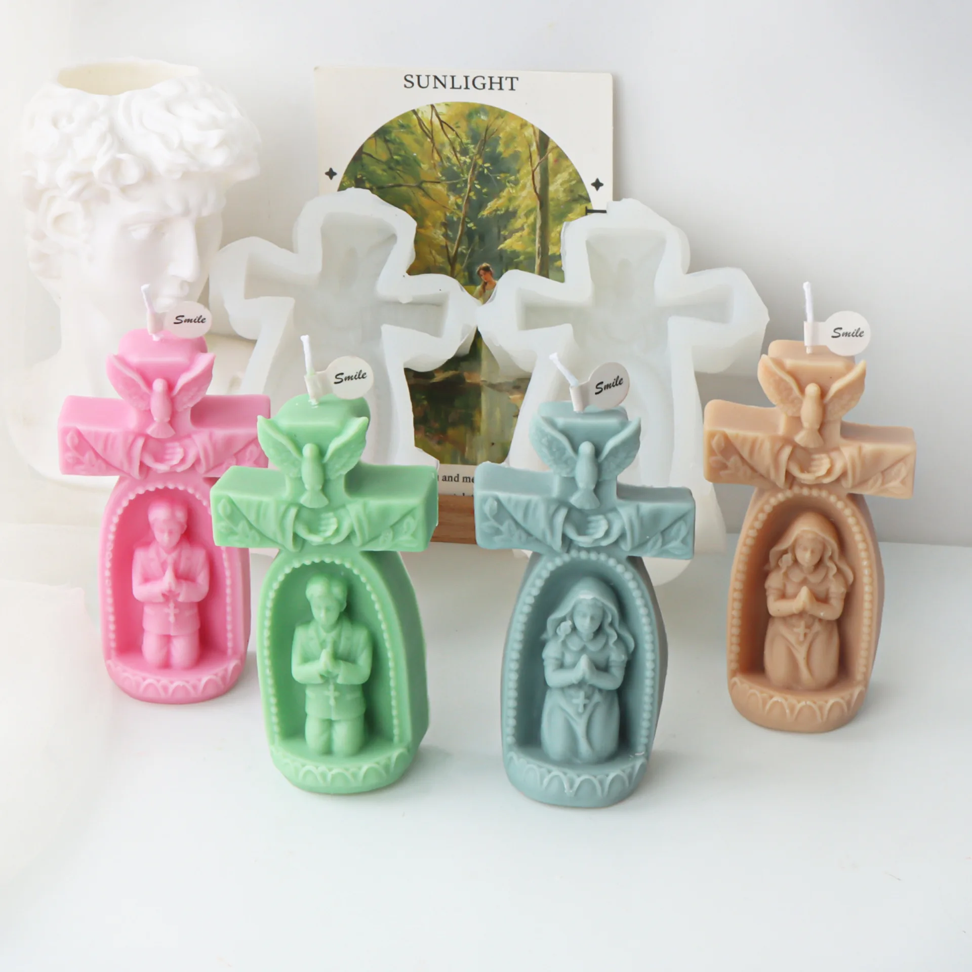 2D/3D Church Prayer Boy Candle Silicone Mold Cross Prayer Girl Angel Resin Mold Concrete Cement Jesus Gypsum Mold home Decor