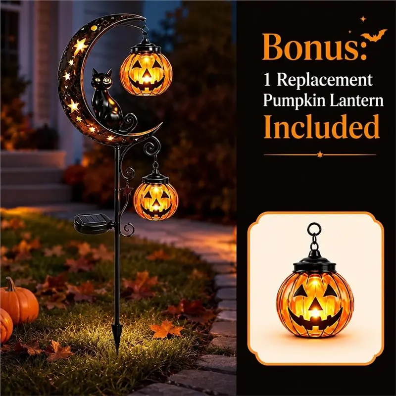 Fine Workmanship Halloween Pumpkin Moon Garden Stake Light With Crescent Moon