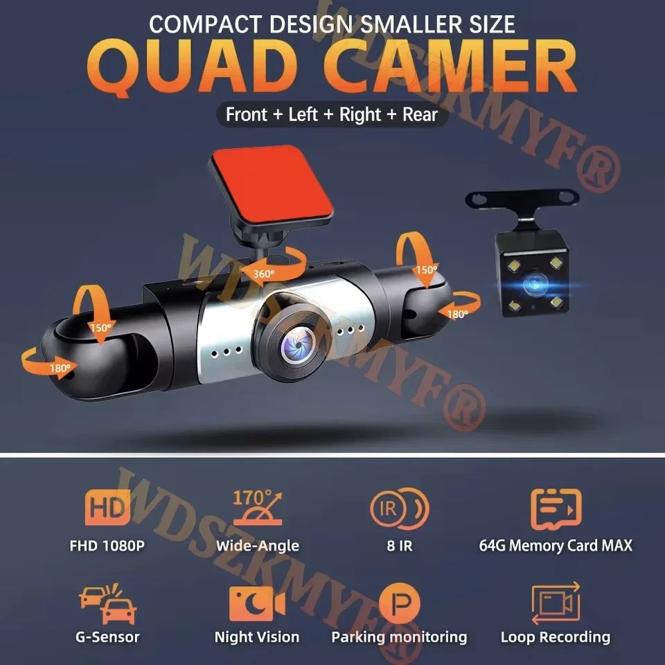 360° Panoramic DashCam 1080P 3/4-Channel Front Left right Rear Recording Loop Recording Camera Night Vision Car DVR auto parts