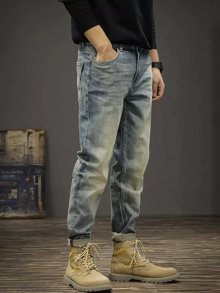 Italian Style Fashion Men Jeans High Quality Retro Blue Elastic Slim Fit Ripped Jeans Men Vintage Designer Denim Pants Hombre