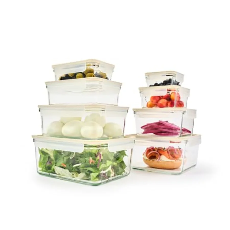 Juego de Recipientes de Vidrio para Almacenamiento de Alimentos Sens, 16 Piezas, Herméticos y a Prueba de Fugas, 8 Tamaños Diferentes, Tapa Antideslizante, Aptos para Microondas y Horno, Perfectos para Mí