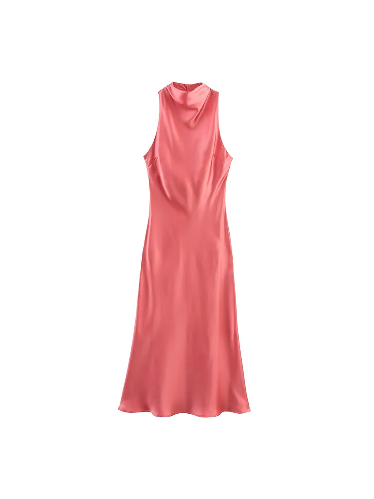 Frauen Sommer MIDI Tank Kleid 2025, Fashion Solid Satin Ärmellose Weibliche Elegante Straße Kleider Kleidung