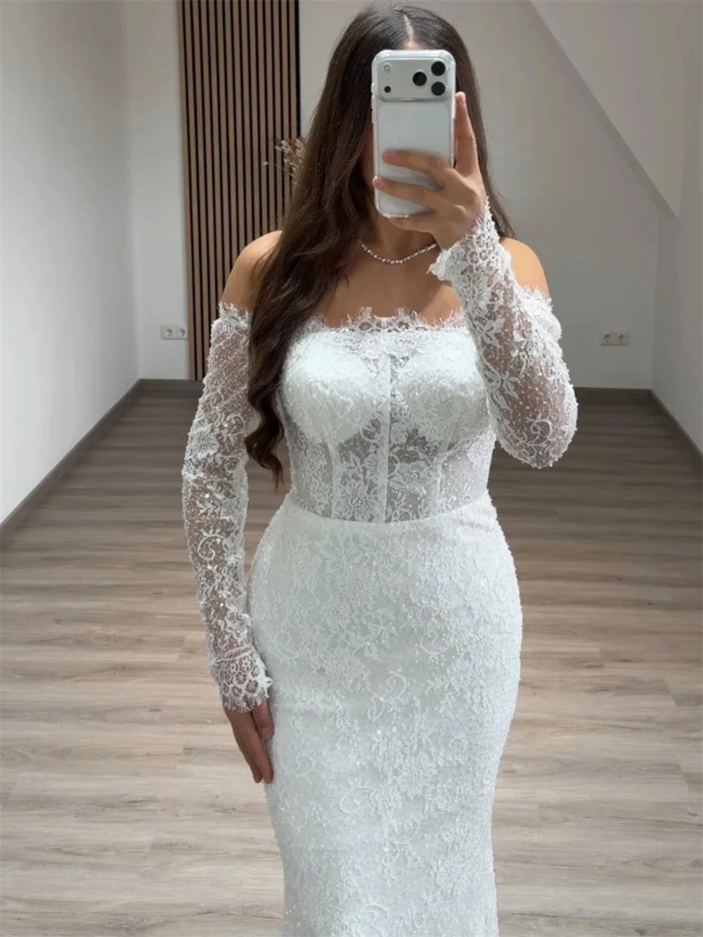 Abito da homecoming in pizzo bianco semplice personalizzato Abito da cerimonia formale con scollo a barca maniche lunghe Abiti da celebrità Abito da festa con strascico a sirena morbida