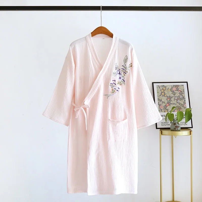 2023 Japanese Kimono Dressing Gown Autumn Ladies Cotton Crepe Cloth Embroidery Summer Bathrobe Home Service Sleepwear Bath Robe