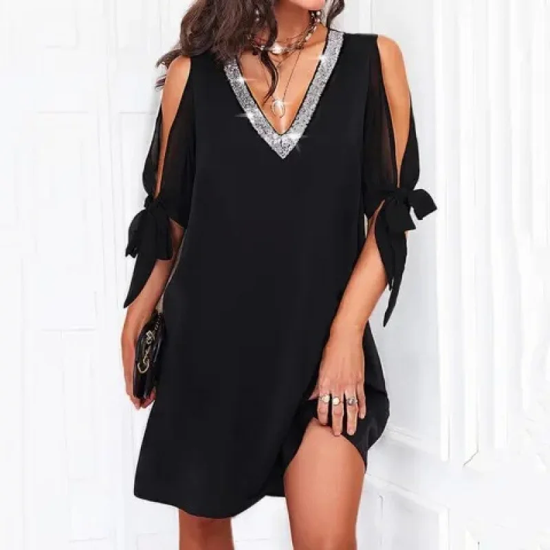 -Border European and American Elegant Solid Color andSequin Stitching Lacing Chiffon Loose Short Sleeve off-Shoulde