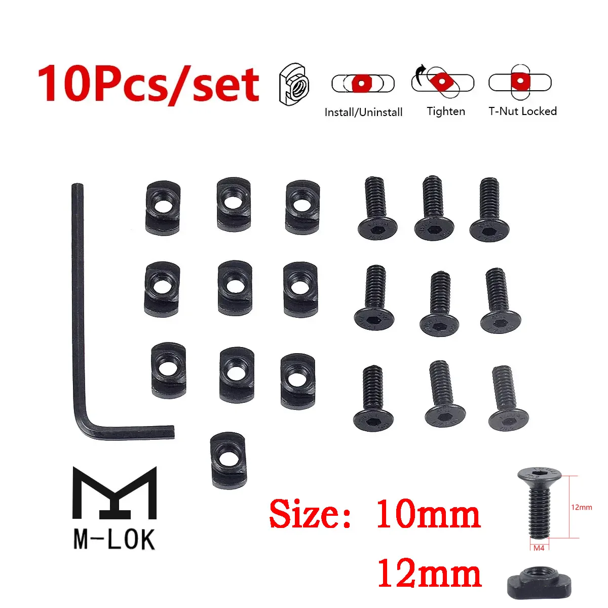 10pcs M4 M-Lok M Lok Screws and Nuts M4x12 Thread 10mm 12mm Mount Handguard Adapter Low Profile Rifle Hunting Accessory