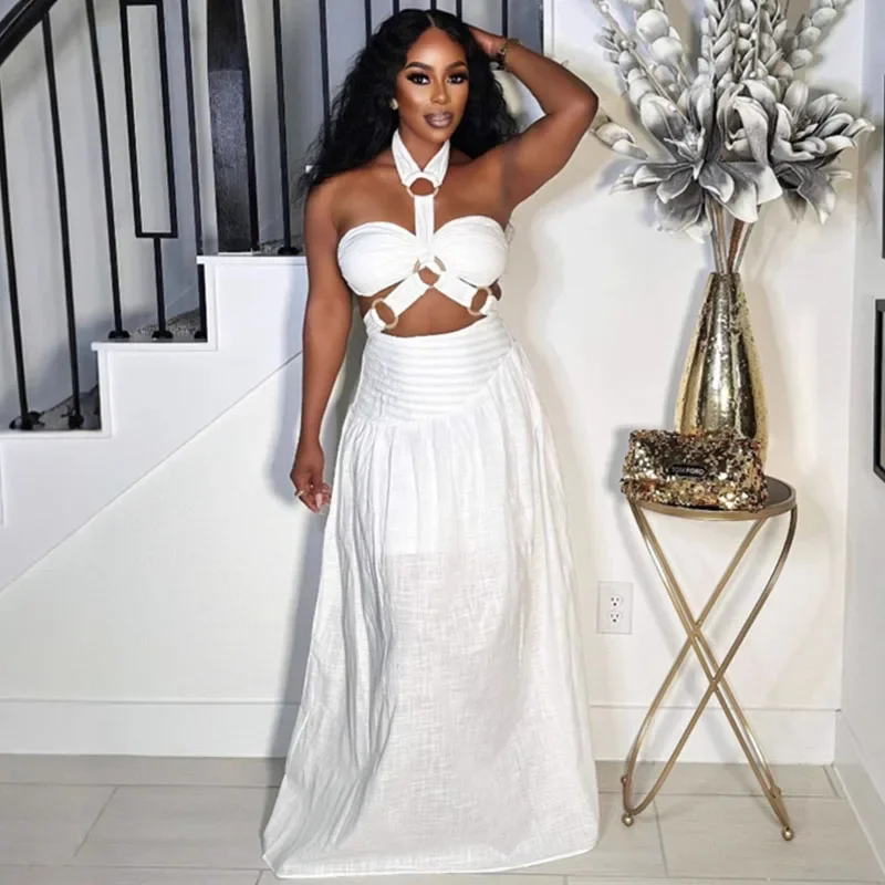 섹시한 홀터 백리스 맥시 드레스 세트 여성 투피스 세트 페스티벌 의상 Y2K 밴디지 홀로우 아웃 탑과 롱 스커트 매칭 세트