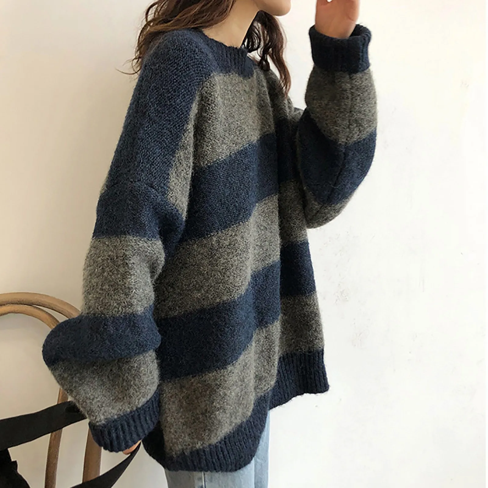 Women Oversize Thin Sweater Vintage Striped Loose Pullover Streetwear Autumn Knitted Color Block Female Outwear Sueter Mujer