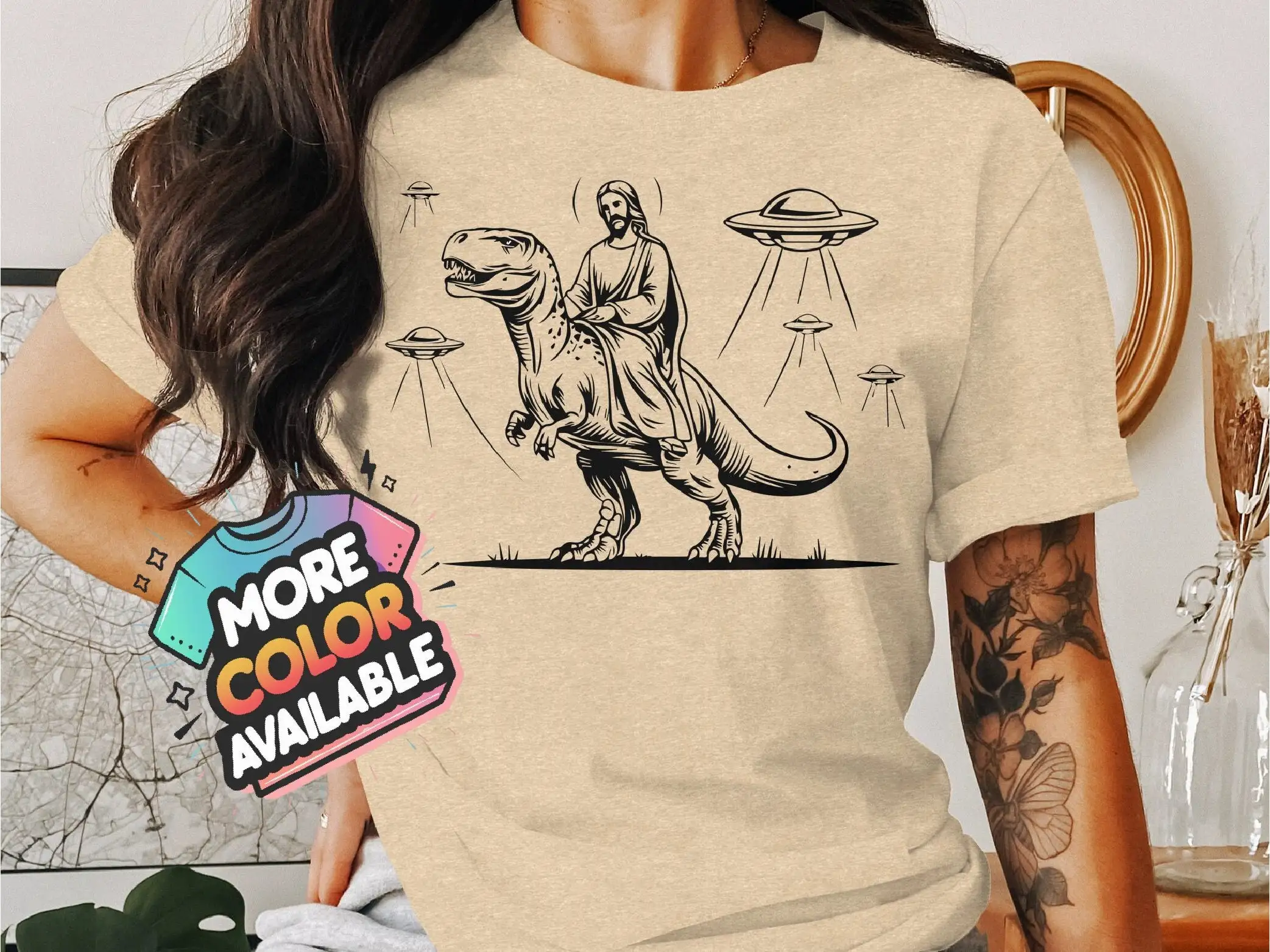 

Dinosaur Riding T Shirt Quirky Jesus On Rex Vintage Style Sci Fi Top For Adults