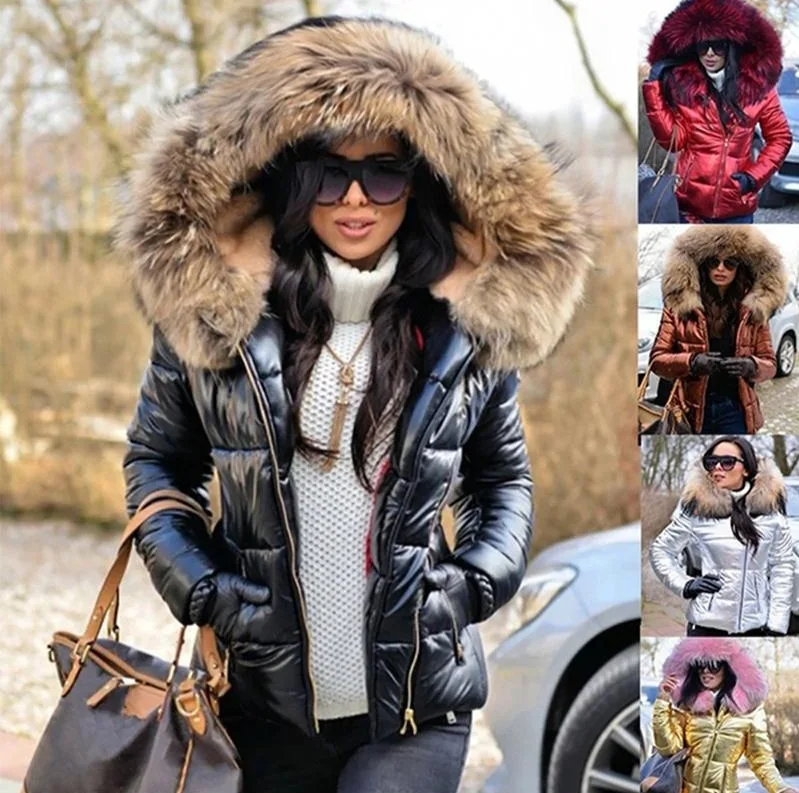 Women Parkas Hooded Jacket Pocket Solid Thick Warm Coat Fur Collar Spliced Zipper Jackets Lady Elegant Regular Autumn Winter