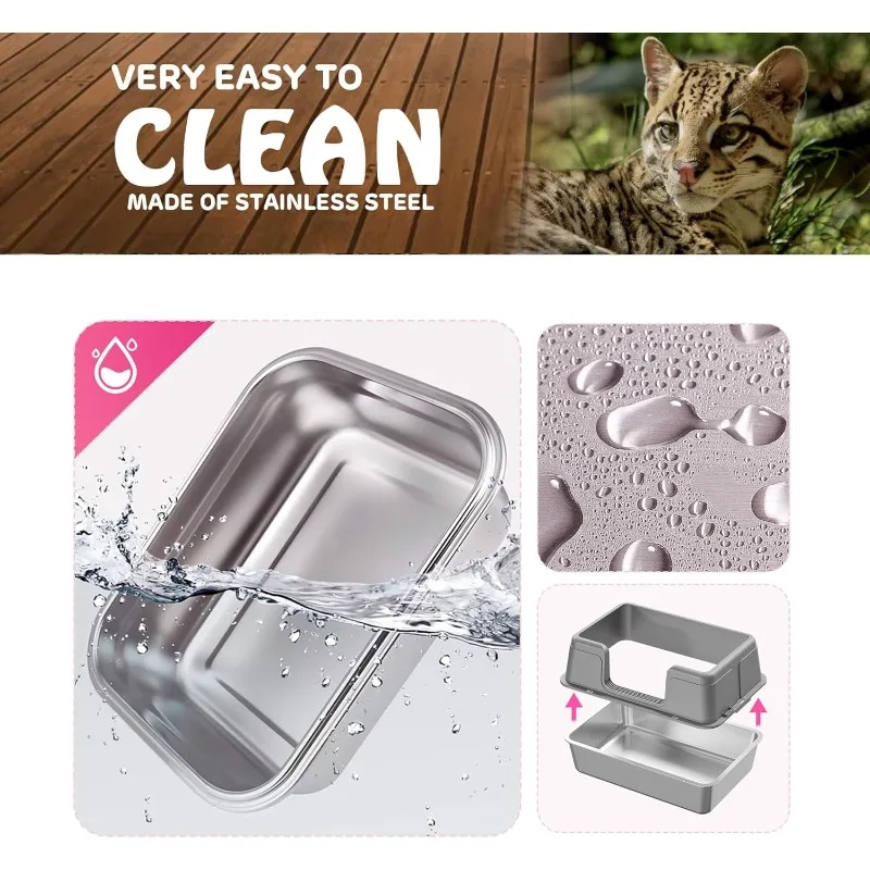 Enclosed Stainless Steel Cat Litter Box with Lid, Metal Box, XL Extra Large Boxes for Cats High Sides, Cover, Scoop,Anti-Leakage