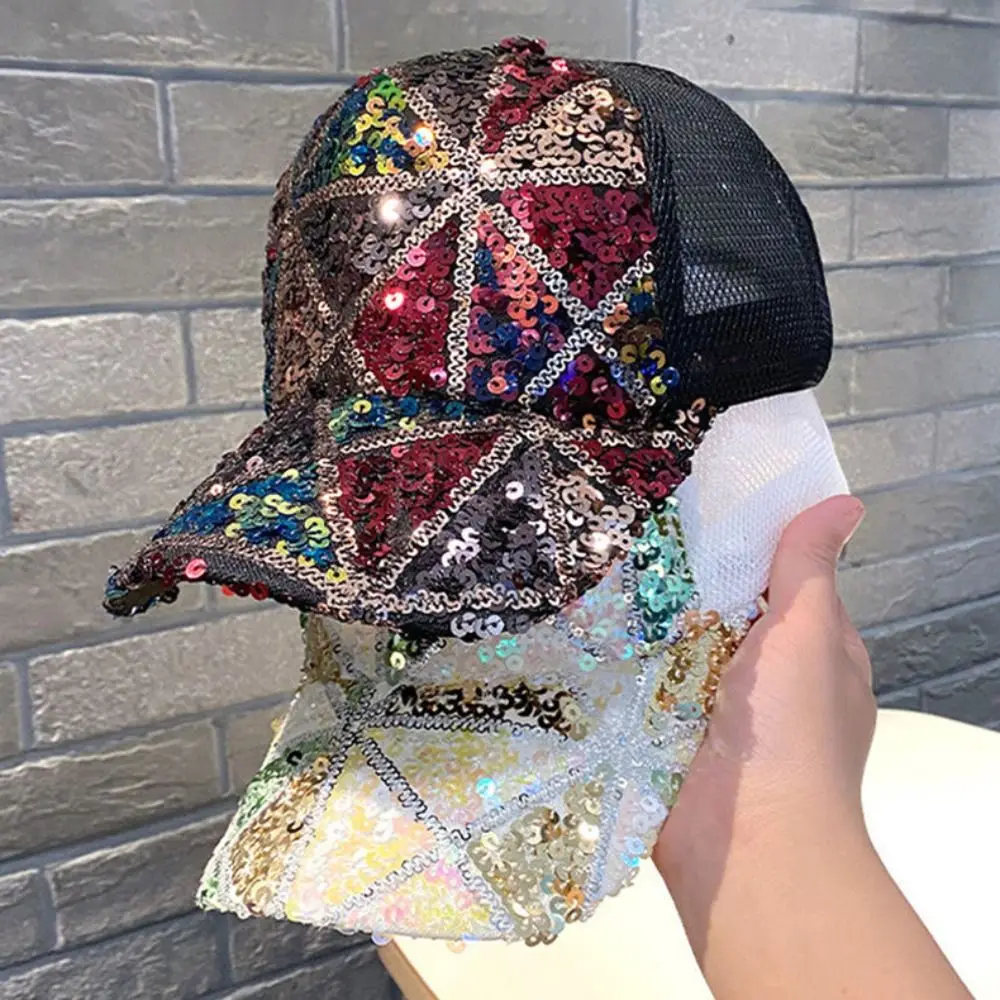 Vintage Adjustable Sequins Baseball Caps Cotton Breathable Net Baseball Hats Luxury Shiny Mesh Cap For Women Girls