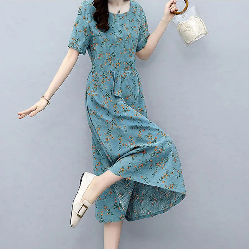 2024 New Summer Aesthetic Casual Simplicity Elegant Fashion Korean Style Women\'s Clothing Cotton Linen Solid Color Chic Dresses