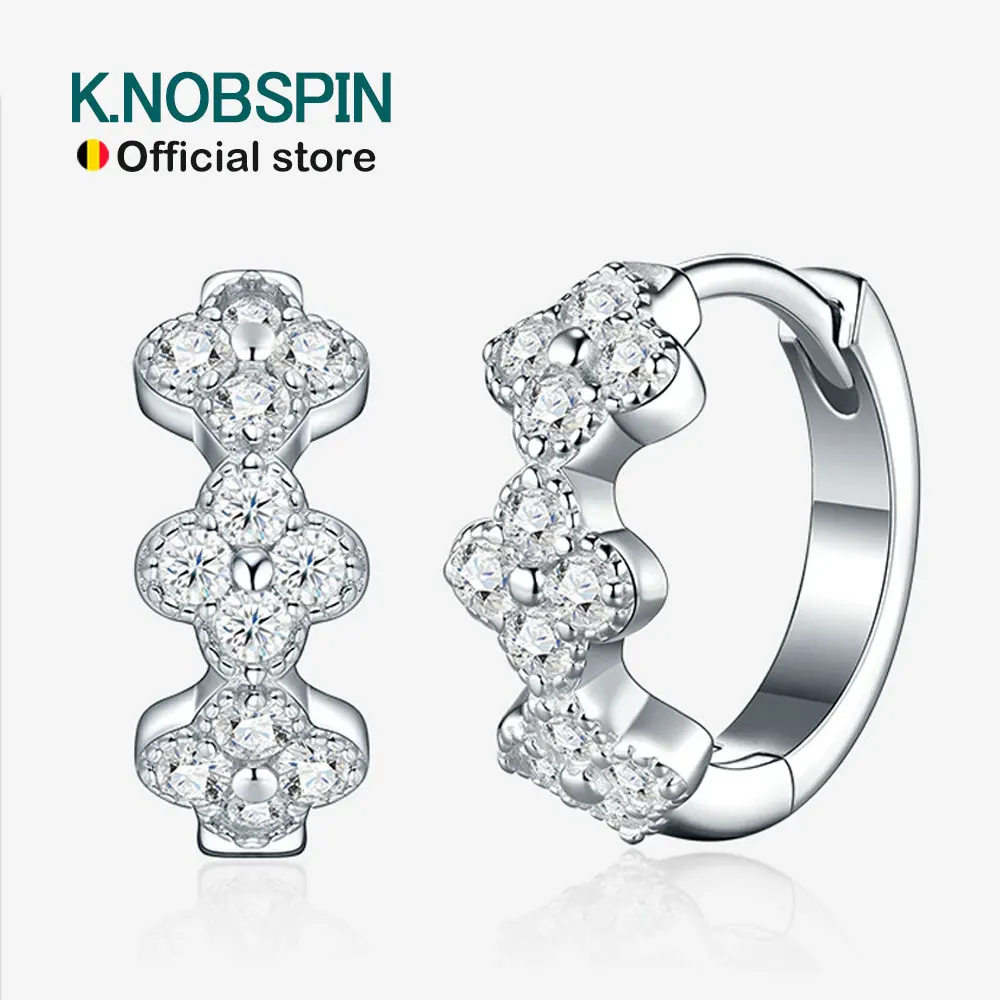 

KNOBSPIN 1.7mm D Color Moissanite Hoop Earrings for Women 925 Sterling Silver Four Leaf Clover Huggie Earring Flower Jewelry