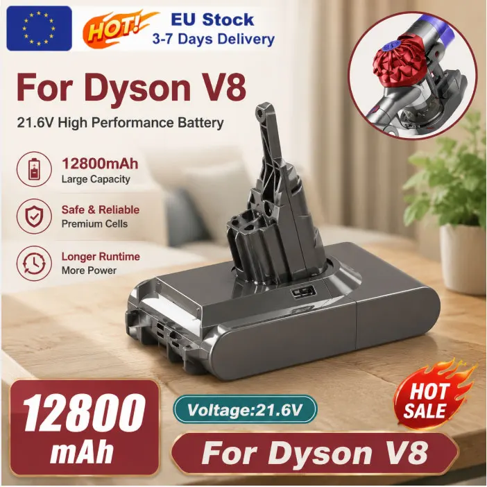 EU-Lagerbestand: 21,6V Hochleistungs-Lithium-Ersatzakku für Dyson V8 Staubsauger, 9800mAh 12800mAh wiederaufladbarer Li-Ionen-Akku, passend für kabellose Staubsauger der V8-Serie