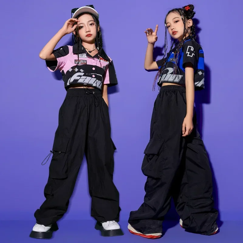 Fashion Girls Jazz Dance Costume Short Coat Black Cargo Pants Kids Hip Hop Outfits Teenagers Group Stage Performance Clothes Set