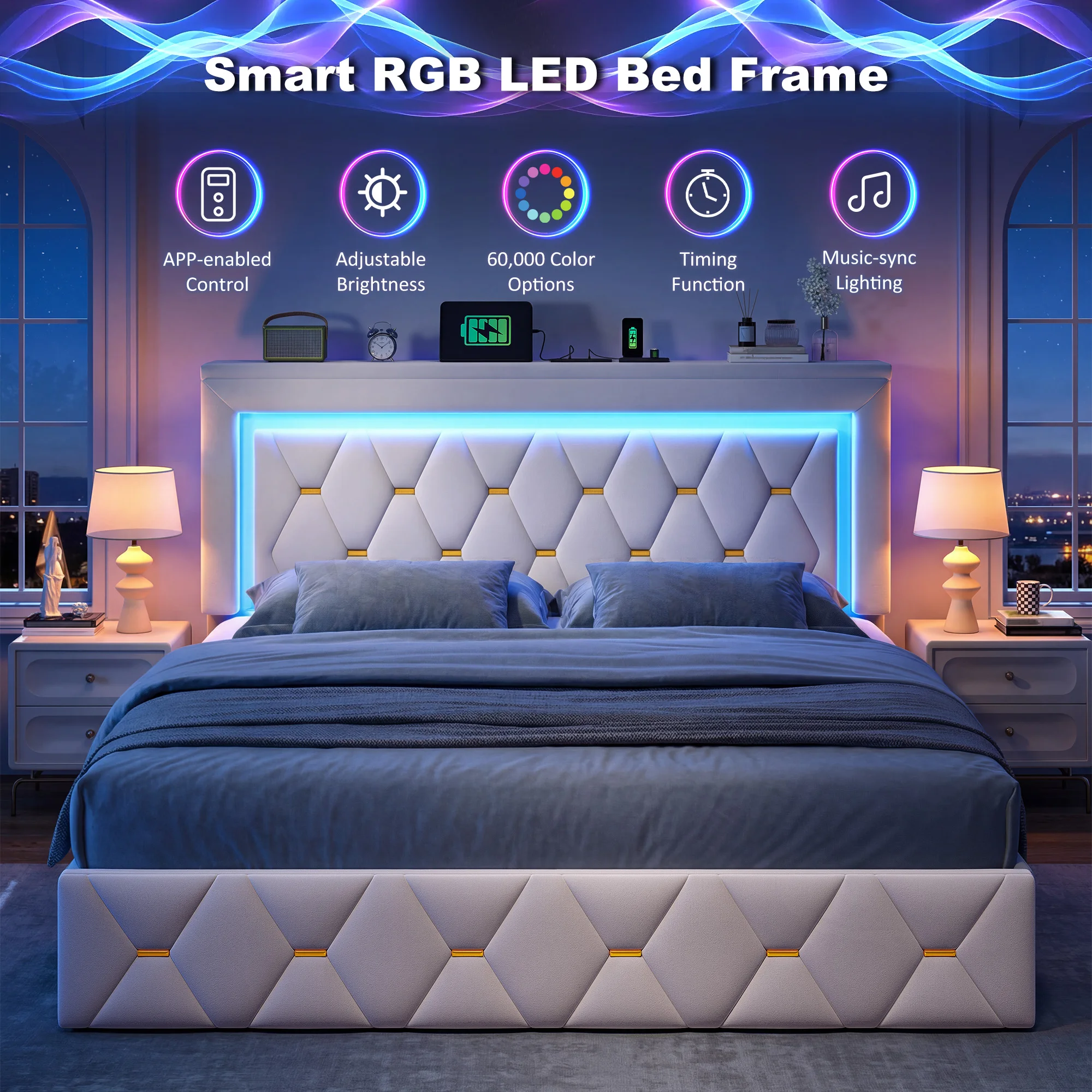 EnHomee Bed Frame with 4 Storage Drawers & Adjustable Tall Headboard,Soft Velvet Bed Frame with Smart LED Lights & Charging Station,1100LB-Heavy Duty Metal Support