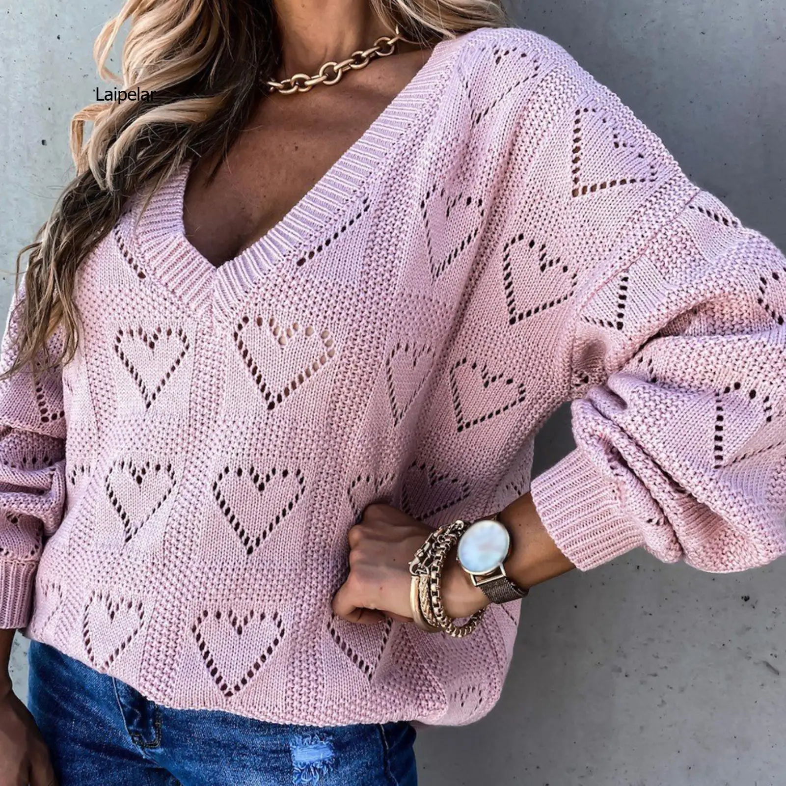 Women Casual Sweaters Autumn Winter Love Heart Hollow Crochet Sweater Loose Knitwear V Neck Loose Sexy Tops