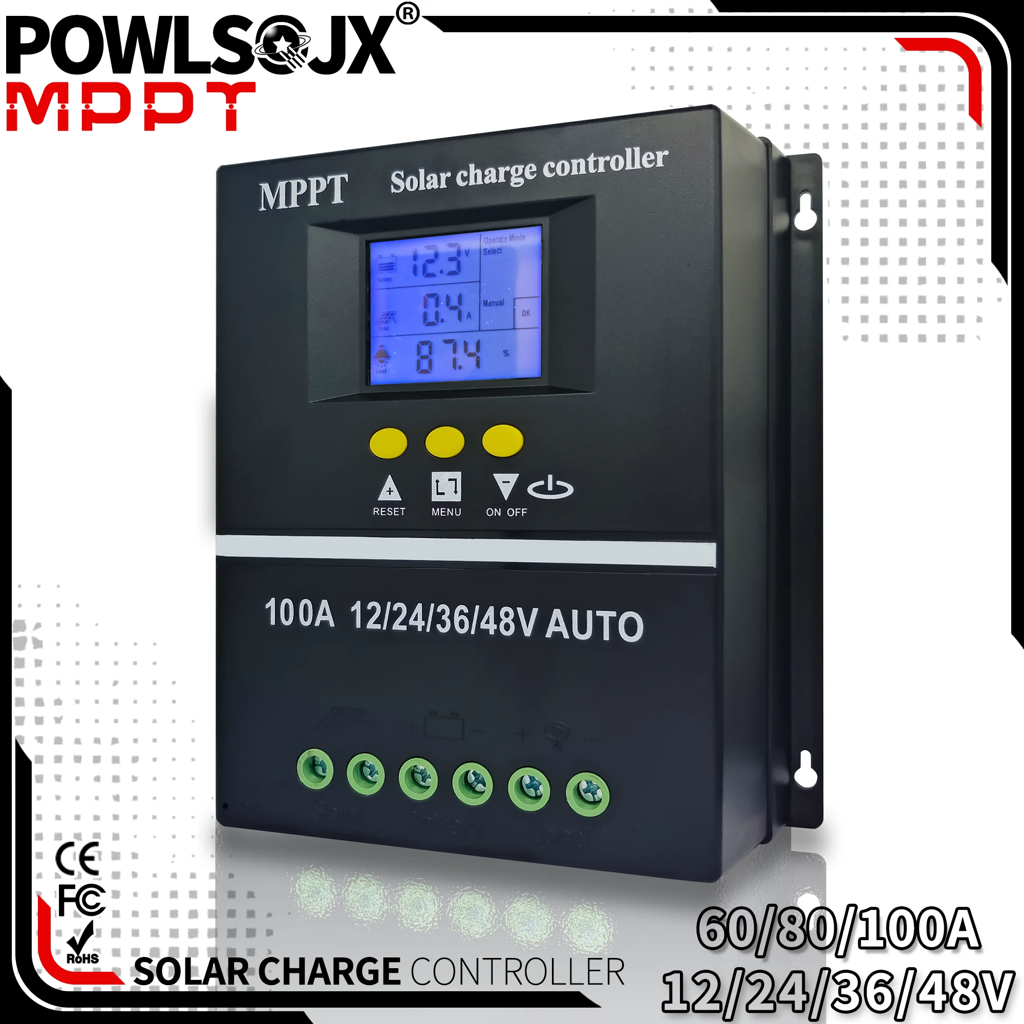 POWLSOJX MPPT 100A 80A 60A regulator ładowania słonecznego 12V 24V 36V 48V Panel słoneczny regulator akumulatora kwasowo-ołowiowego/litowego podwójne USB