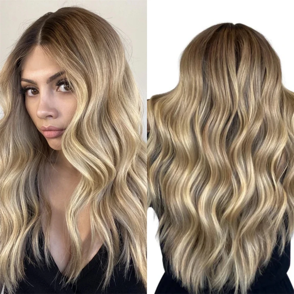 Natural Density Wigs Ombre Ash Blonde Balayage Highlights Wig with Roots Washable Synthetic Glueless Wig Small Large Size Cap