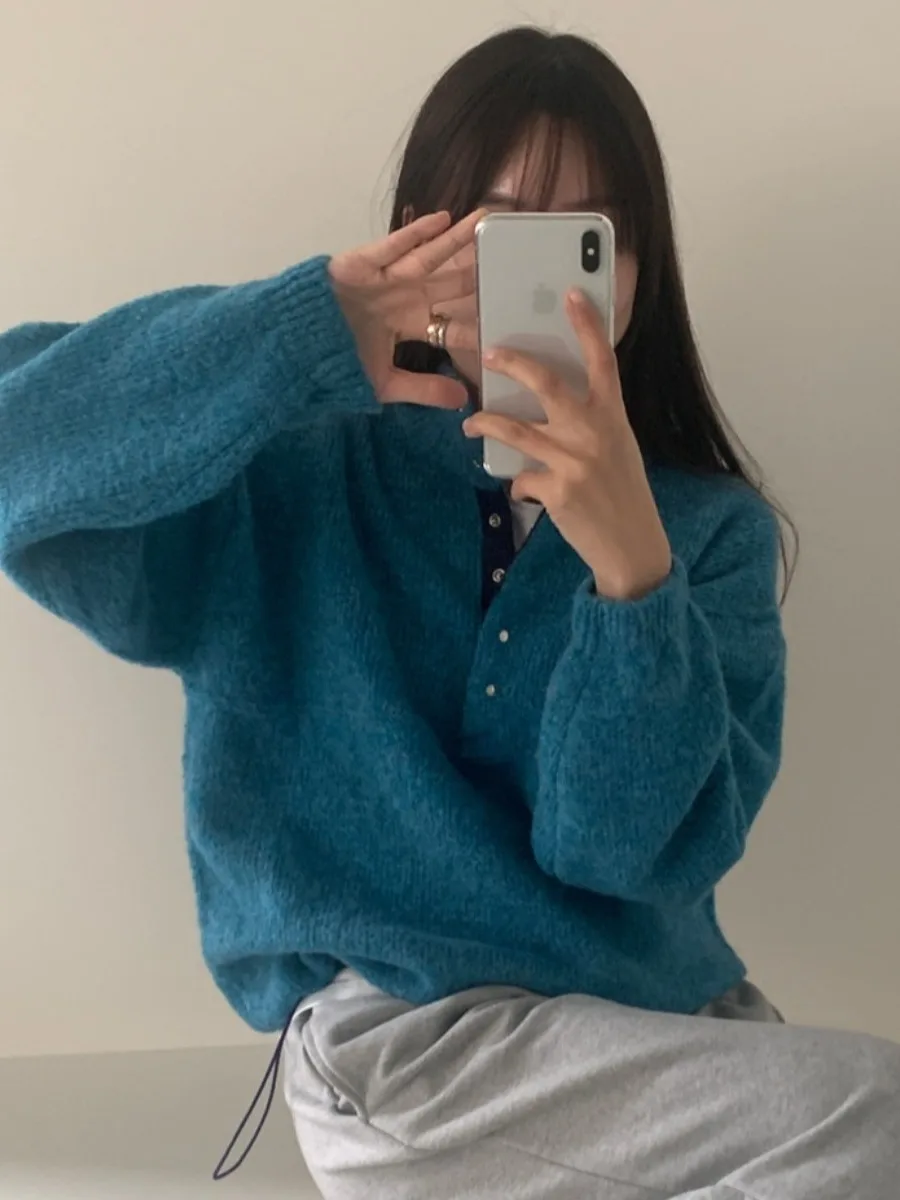 

Dongda Gate Autumn Winter Retro Stand Collar Hidden Button Loose Casual Hem Dstring Design Long Sve Sweater for Women