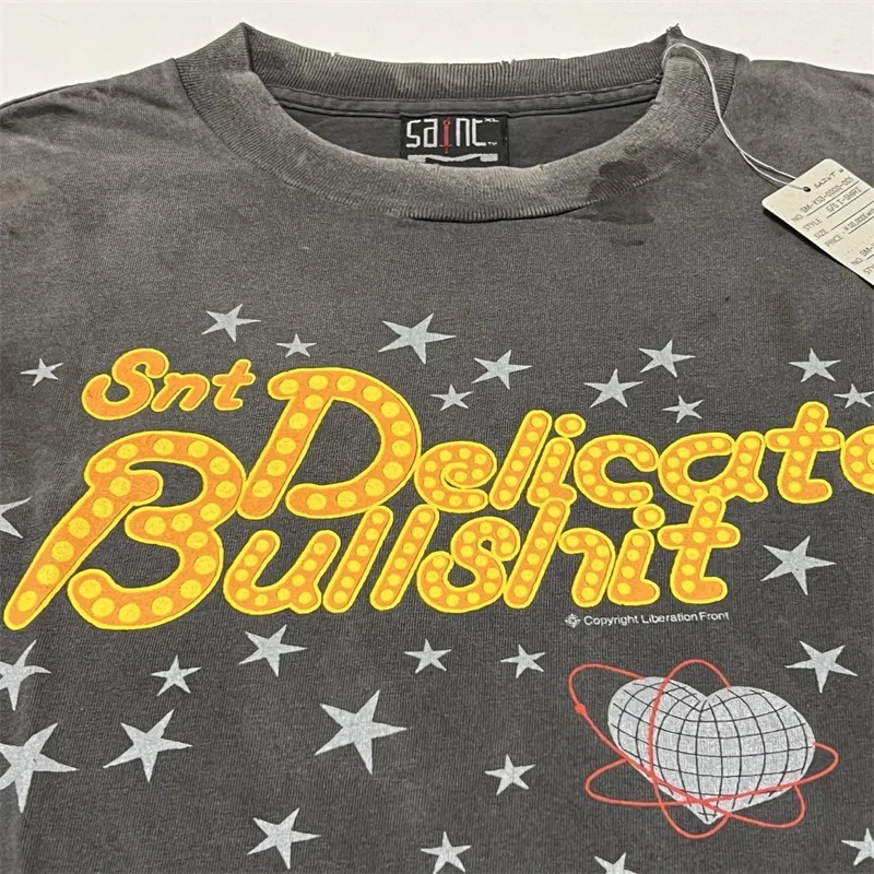 SAINT MICHAEL DELICATE BULLSHIT TEE Men Women 1:1 Best Quality Star Neon Sign Slogan Print Wash Black Casual T-Shirts