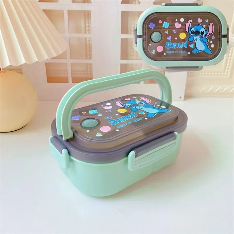 Fiambrera Disney Stitch con estampado de dibujos animados para microondas, almacenamiento de almuerzo portátil, cuchara para verduras, tenedor, caja Bento sellada para conservación de alimentos