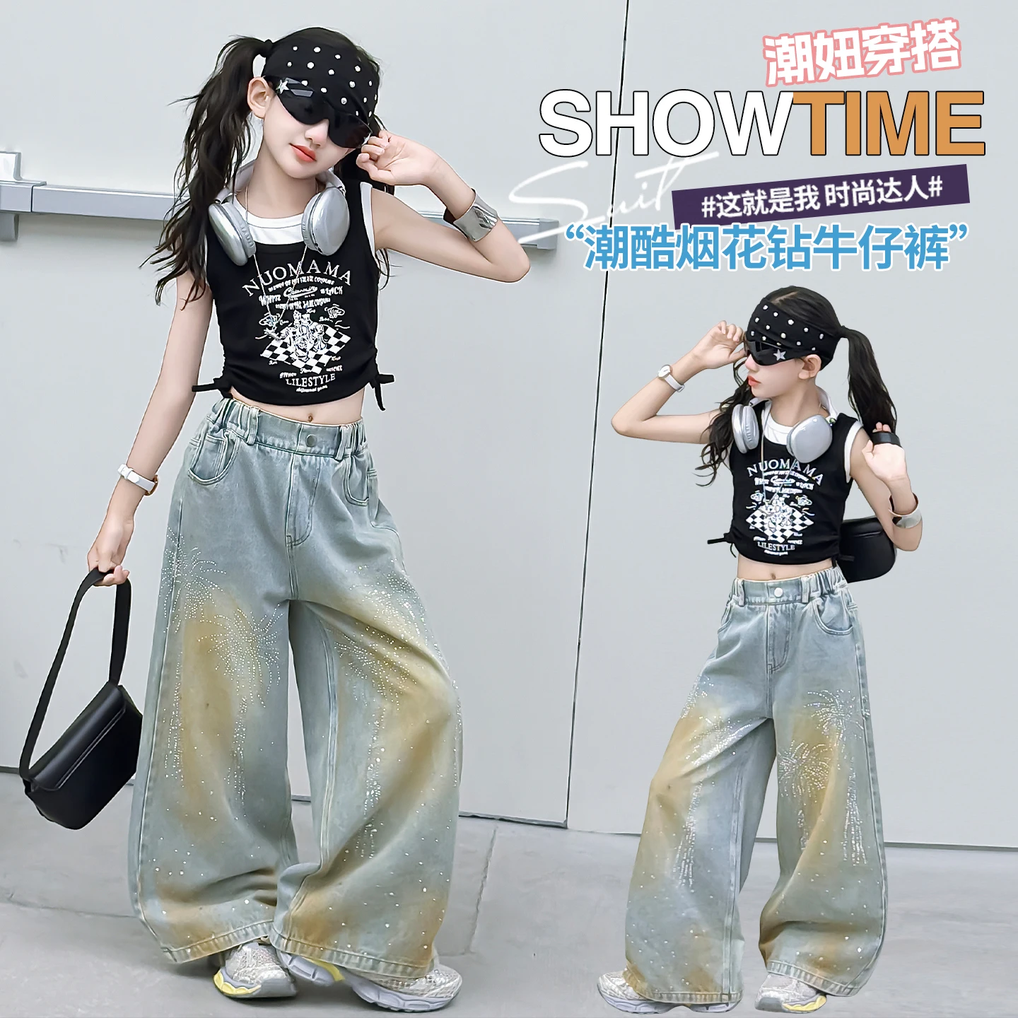 Summer 4-14 Y Kids Girls Wide-Leg Jeans Fashion Rhinestone Sequin Elastic Waistband Pants Denim Trousers Casual Children Bottoms