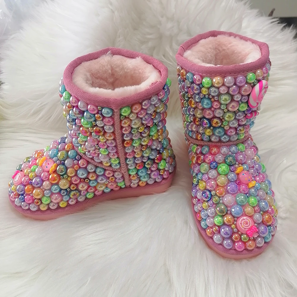 Handmade Rhinestones Bling Pearl Girls Kids And Mother Children Womens Candy Winter High-top Snow Boots Cow Suede Upper Warm