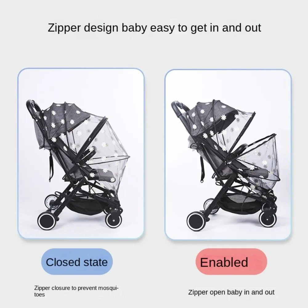 Flower Daisy Stroller Mosquito Net Carriage Full Cover Baby Stroller Accessories Zipper Type Mosquito Net Summer Mesh Canopy